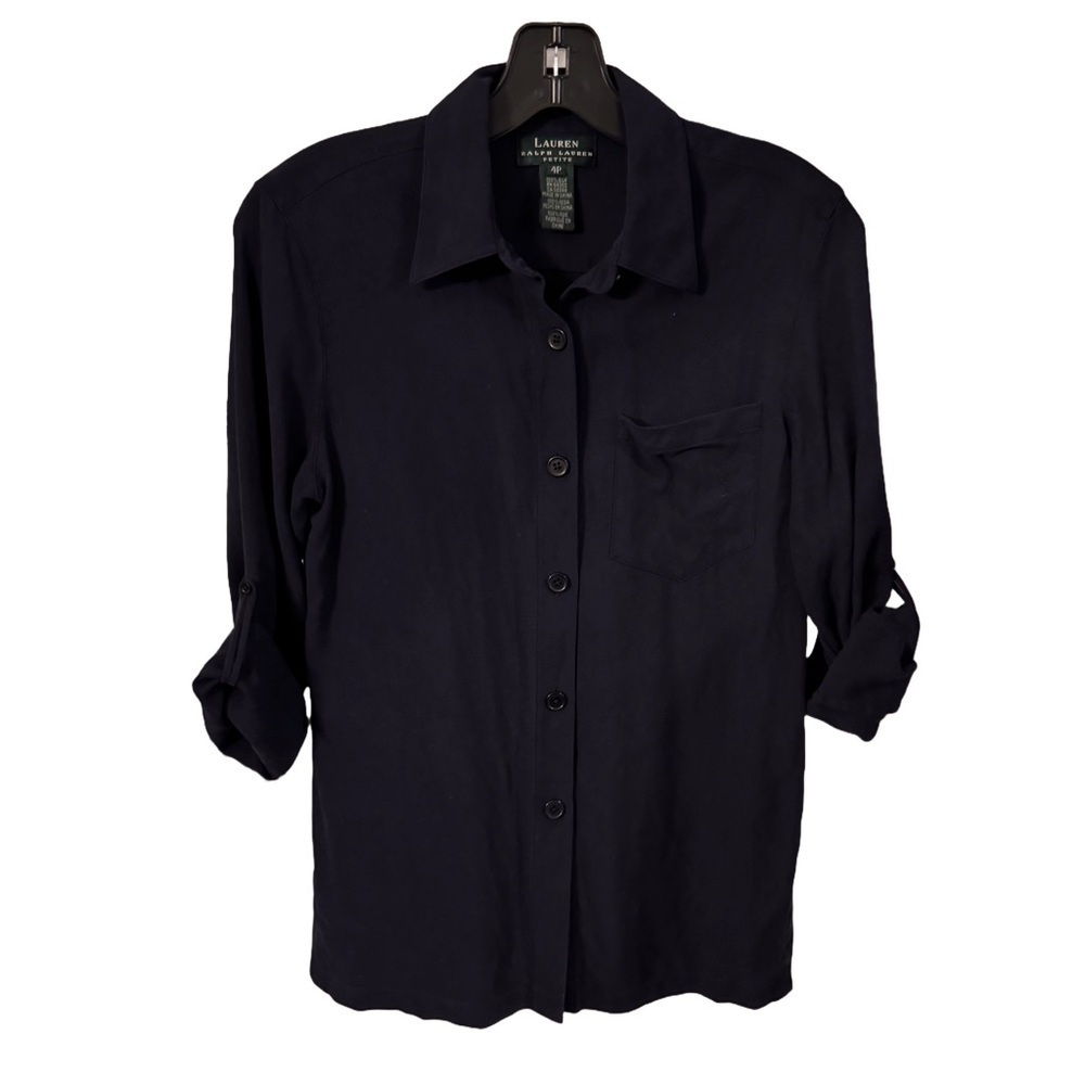 Ralph Lauren Women’s Button Up SILK Shirt Navy Blue Roll Tab Sleeves Sz 4P